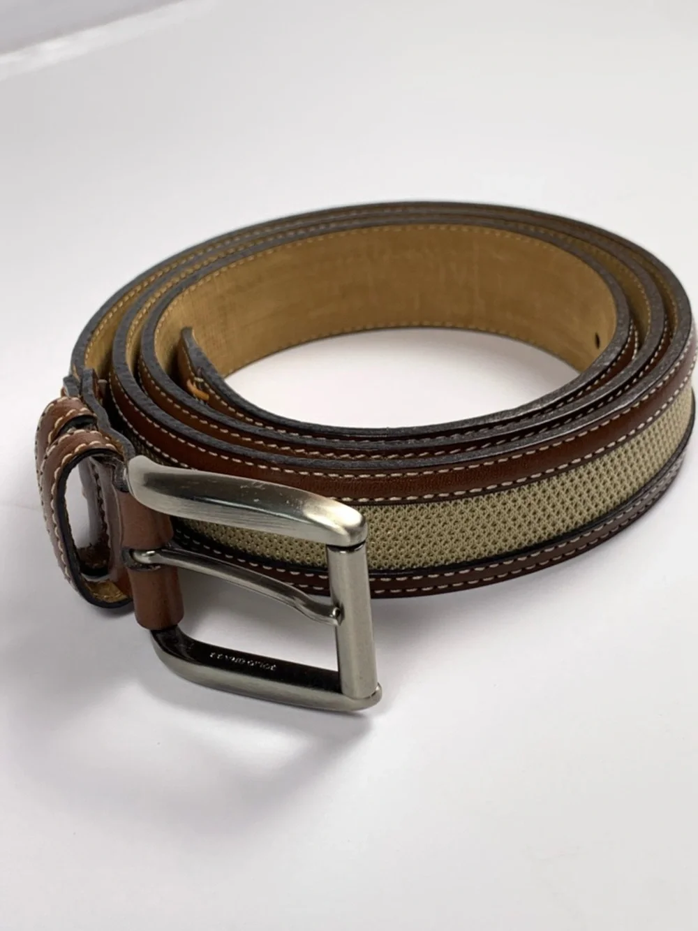 Tommy Bahama Belt 44 Tan Brown Canvas Leather Made Spain TB5080 Mens